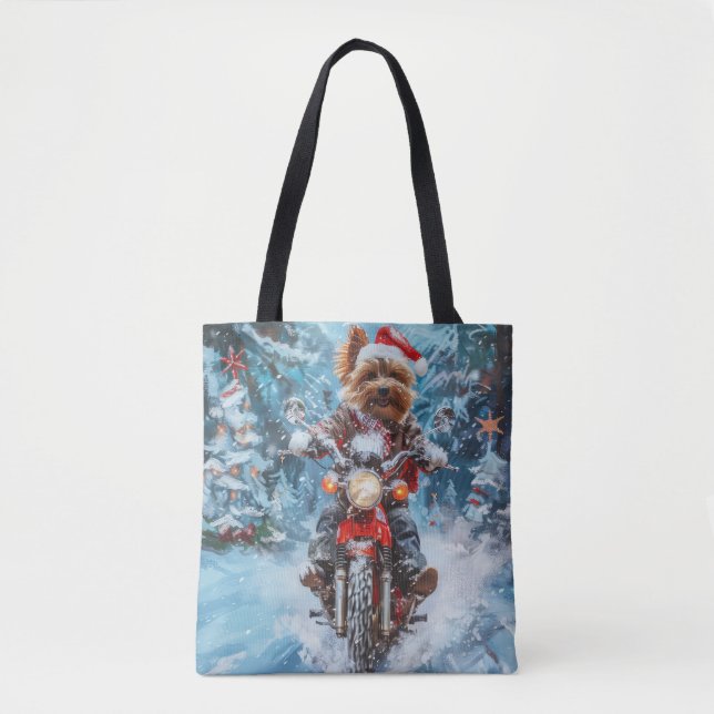 Biewer Terrier Dog Riding Motorcycle Christmas Tote Bag (Front)