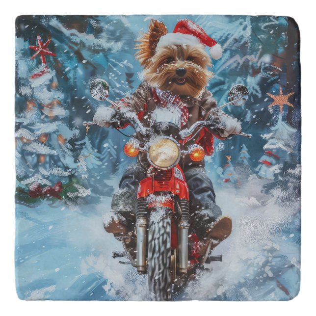 Biewer Terrier Dog Riding Motorcycle Christmas Trivet (Front)