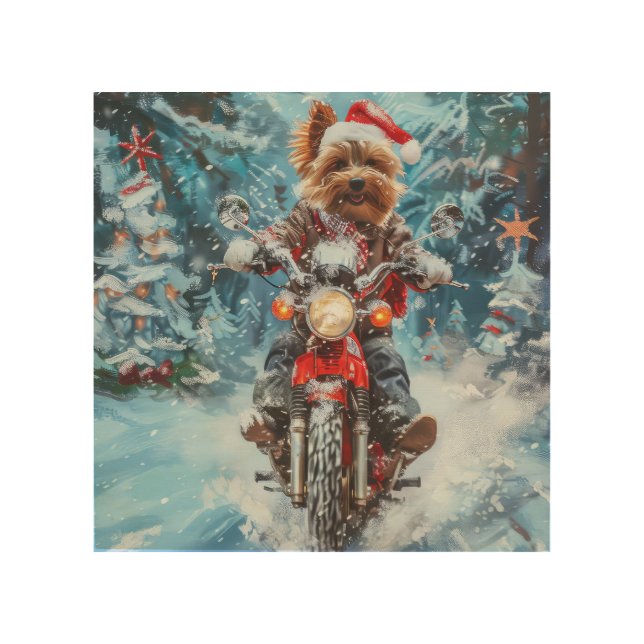 Biewer Terrier Dog Riding Motorcycle Christmas Wood Wall Art (Front)