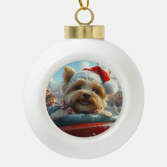 Biewer Terrier Dog Roller Coaster Christmas  Ceramic Ball Christmas Ornament (Front)