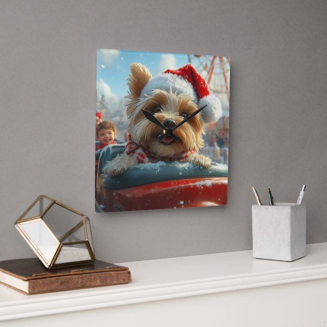Biewer Terrier Dog Roller Coaster Christmas  Square Wall Clock (Office)