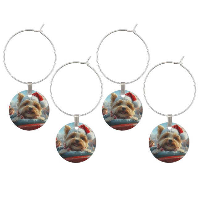 Biewer Terrier Dog Roller Coaster Christmas  Wine Charm (Staggered)