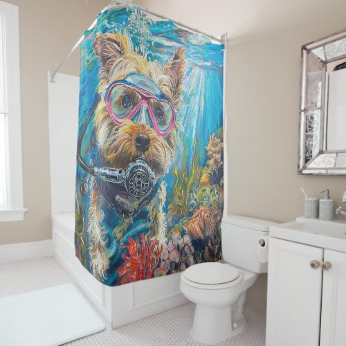 Biewer Terrier Dog Scuba Diving Underwater Shower Curtain