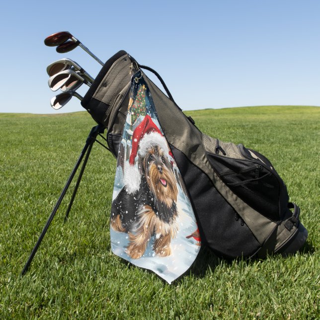 Biewer Terrier Dog Winter Wonderland Christmas Joy Golf Towel (Green)