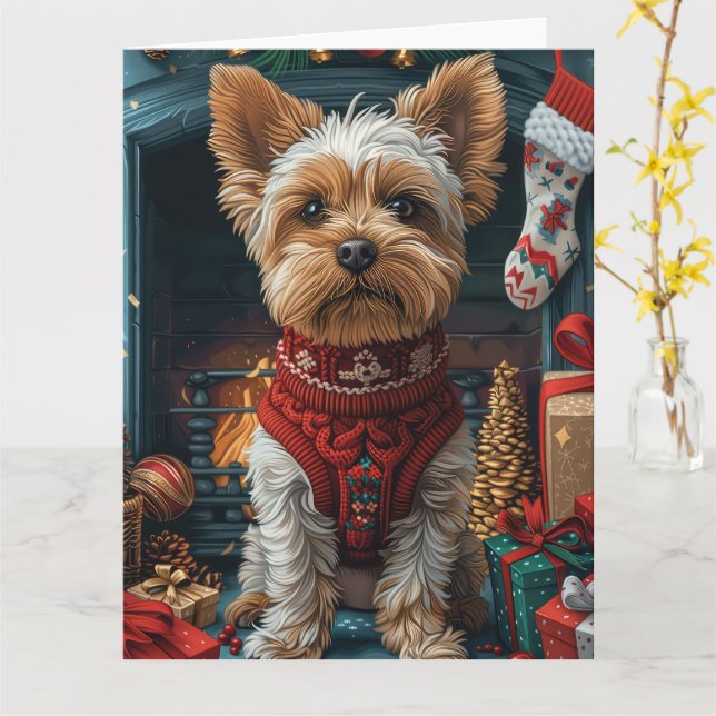 Biewer Terrier Dog with Christmas Gifts Fireplace Card (Yellow Flower)