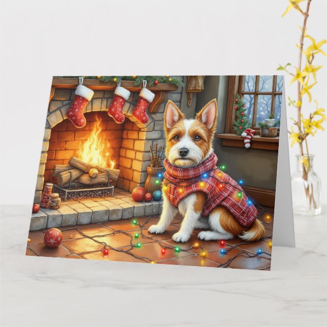 Biewer Terrier Fireplace with Christmas Lights Card (Yellow Flower)