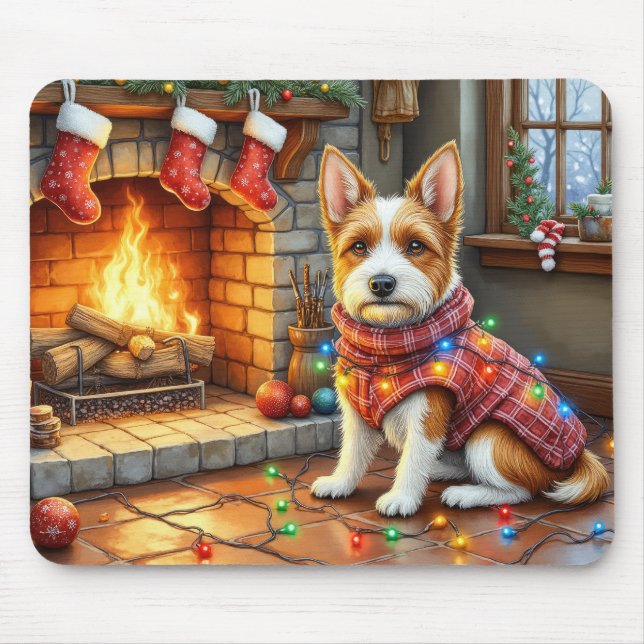 Biewer Terrier Fireplace with Christmas Lights Mouse Pad (Front)
