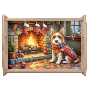 Biewer Terrier Fireplace with Christmas Lights Serving Tray