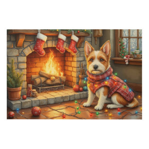 Biewer Terrier Fireplace with Christmas Lights Wood Wall Art