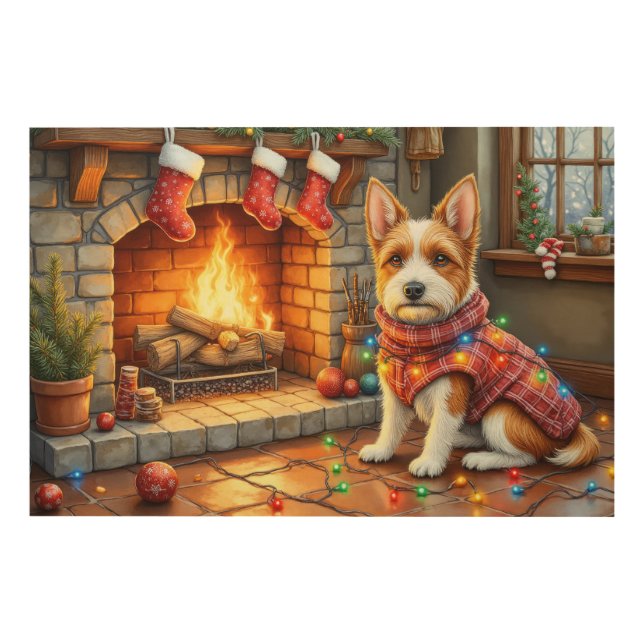 Biewer Terrier Fireplace with Christmas Lights Wood Wall Art (Front)