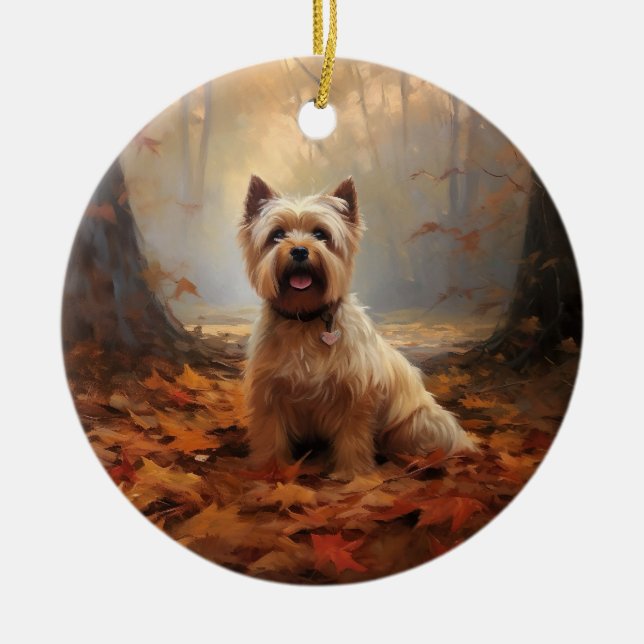 Biewer Terrier in Autumn Leaves Fall Inspire Ceramic Ornament (Front)