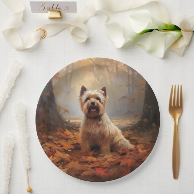 Biewer Terrier in Autumn Leaves Fall Inspire Paper Plates (Wedding)