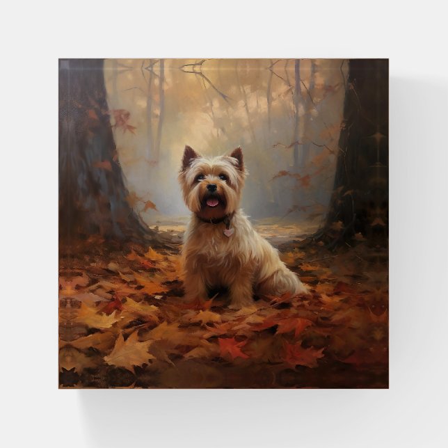 Biewer Terrier in Autumn Leaves Fall Inspire Paperweight (Front)