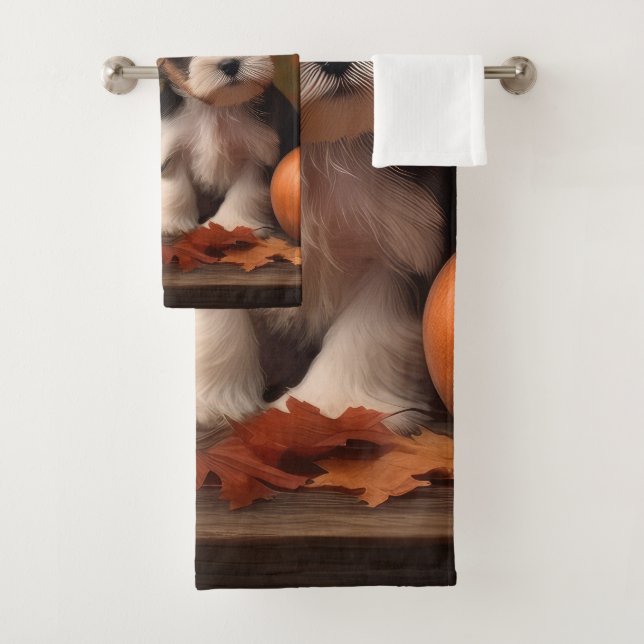 Biewer Terrier Puppy Autumn Delight Pumpkin  Bath Towel Set (Insitu)