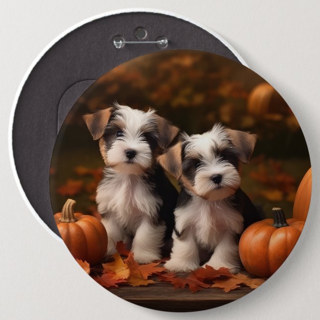 Biewer Terrier Puppy Autumn Delight Pumpkin  Button (Front & Back)