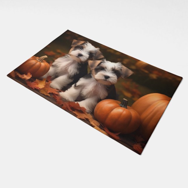 Biewer Terrier Puppy Autumn Delight Pumpkin  Doormat (Angled)