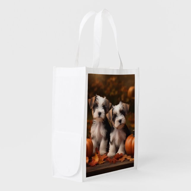 Biewer Terrier Puppy Autumn Delight Pumpkin  Grocery Bag (Front Side)