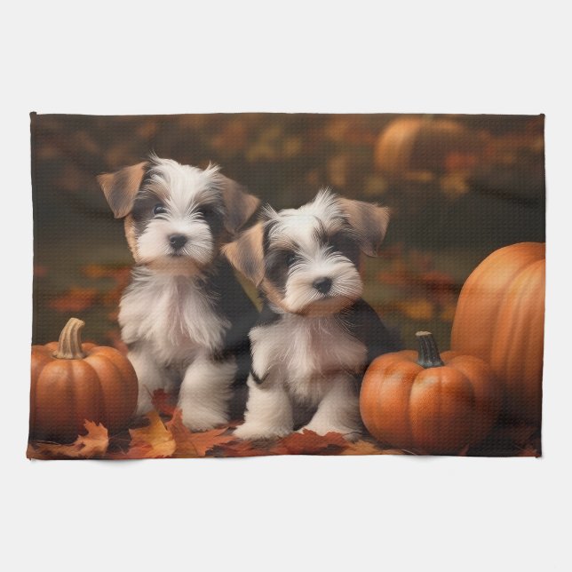 Biewer Terrier Puppy Autumn Delight Pumpkin  Kitchen Towel (Horizontal)