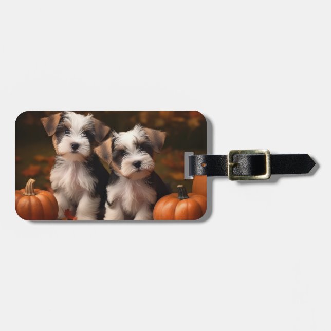 Biewer Terrier Puppy Autumn Delight Pumpkin  Luggage Tag (Front Horizontal)