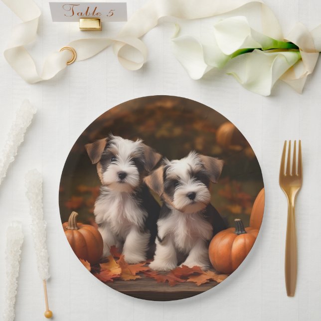 Biewer Terrier Puppy Autumn Delight Pumpkin  Paper Plates (Wedding)