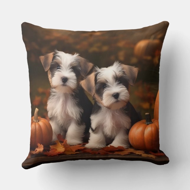 Biewer Terrier Puppy Autumn Delight Pumpkin  Throw Pillow (Back)