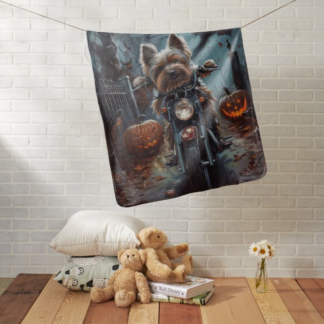 Biewer Terrier Riding Motorcycle Halloween Scary  Baby Blanket (In Situ)