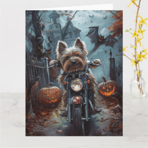 Biewer Terrier Riding Motorcycle Halloween Scary Card