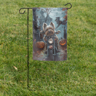 Biewer Terrier Riding Motorcycle Halloween Scary  Garden Flag
