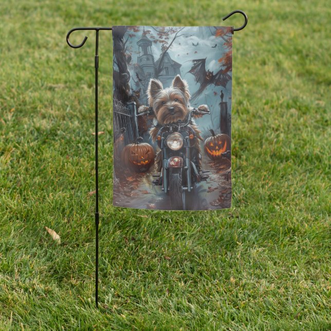 Biewer Terrier Riding Motorcycle Halloween Scary  Garden Flag (In SItu)