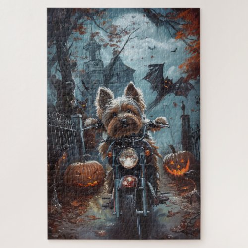 Biewer Terrier Riding Motorcycle Halloween Scary  Jigsaw Puzzle