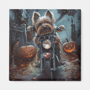 Biewer Terrier Riding Motorcycle Halloween Scary Magnet