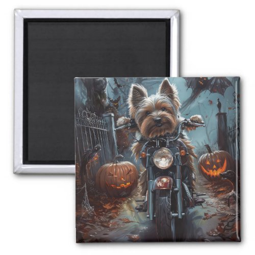 Biewer Terrier Riding Motorcycle Halloween Scary  Magnet