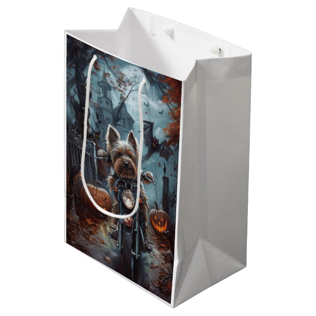 Biewer Terrier Riding Motorcycle Halloween Scary  Medium Gift Bag (Front Angled)