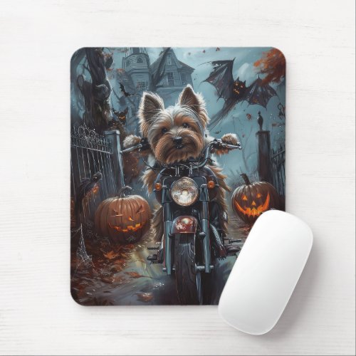 Biewer Terrier Riding Motorcycle Halloween Scary  Mouse Pad
