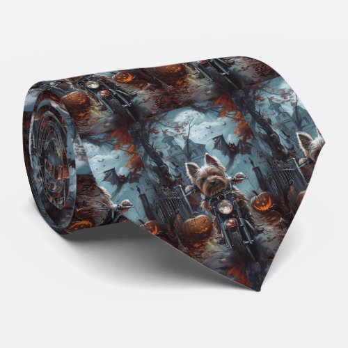 Biewer Terrier Riding Motorcycle Halloween Scary  Neck Tie