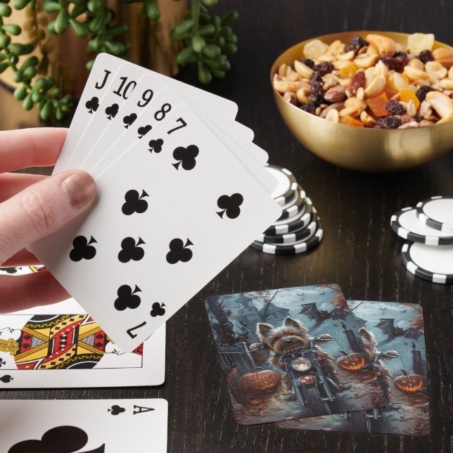 Biewer Terrier Riding Motorcycle Halloween Scary  Poker Cards (In Situ)