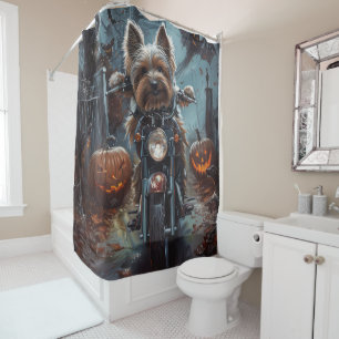 Biewer Terrier Riding Motorcycle Halloween Scary Shower Curtain