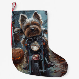 Biewer Terrier Riding Motorcycle Halloween Scary  Small Christmas Stocking