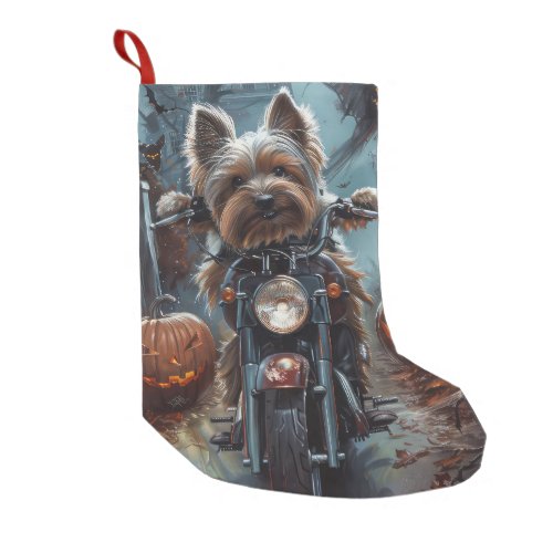 Biewer Terrier Riding Motorcycle Halloween Scary  Small Christmas Stocking