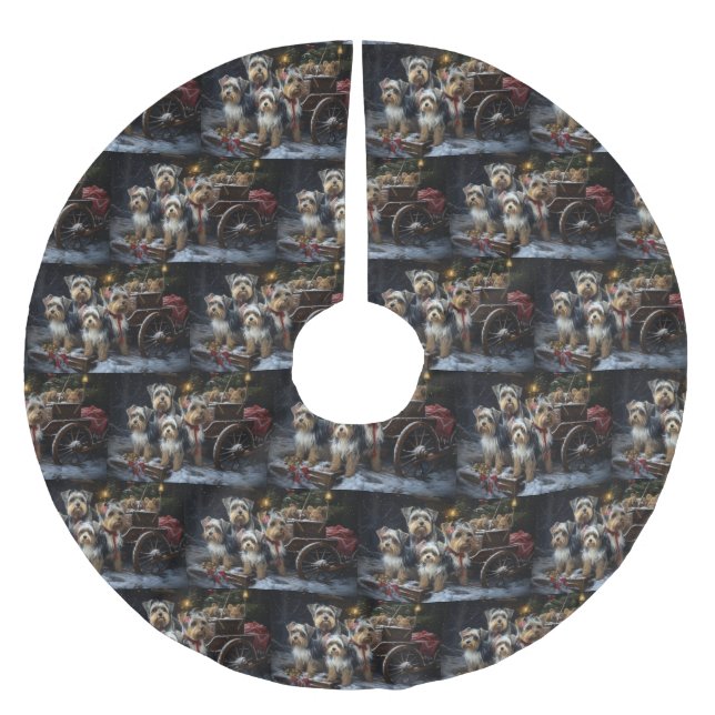 Biewer Terrier Snowy Sleigh Christmas Decor Brushed Polyester Tree Skirt (Front)