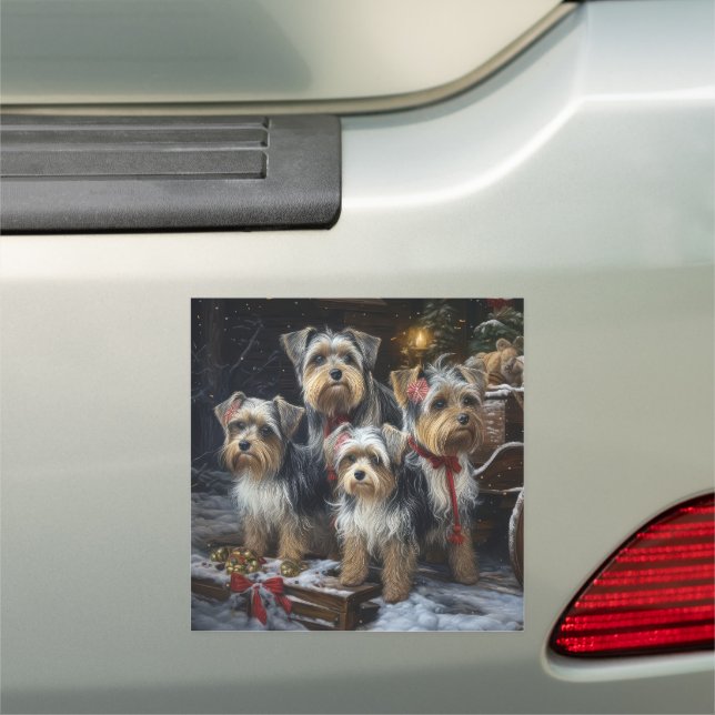 Biewer Terrier Snowy Sleigh Christmas Decor Car Magnet (In Situ)