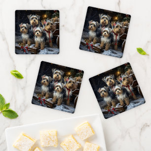 Biewer Terrier Snowy Sleigh Christmas Decor Coaster Set