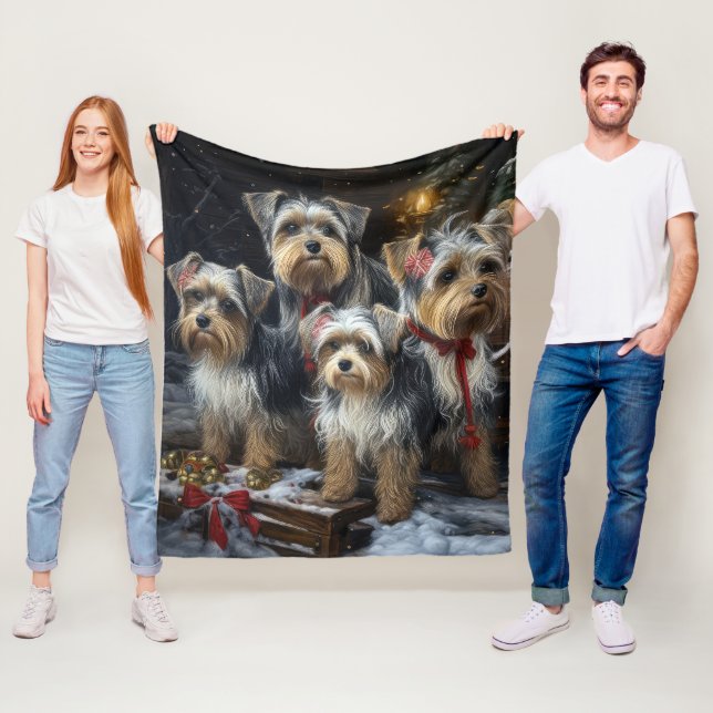 Biewer Terrier Snowy Sleigh Christmas Decor Fleece Blanket (In Situ)