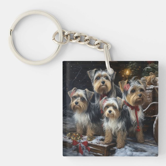 Biewer Terrier Snowy Sleigh Christmas Decor Keychain (Front)