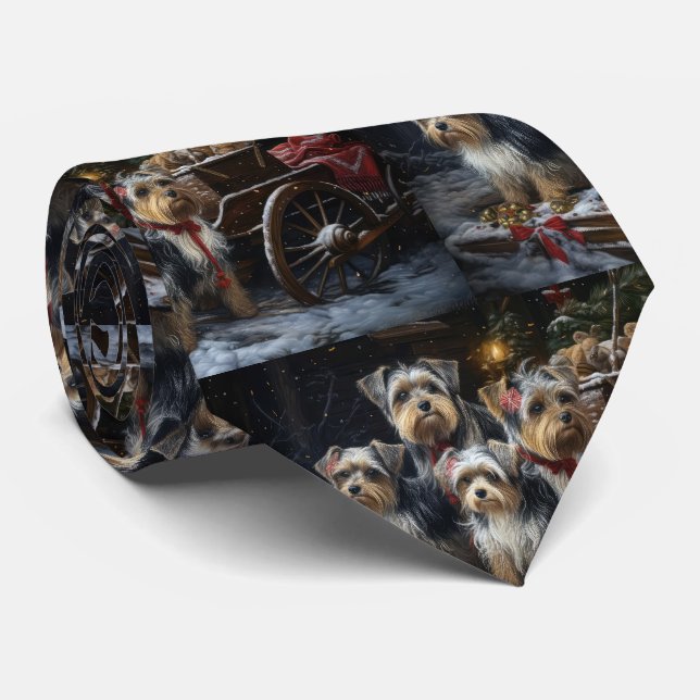 Biewer Terrier Snowy Sleigh Christmas Decor Neck Tie (Rolled)