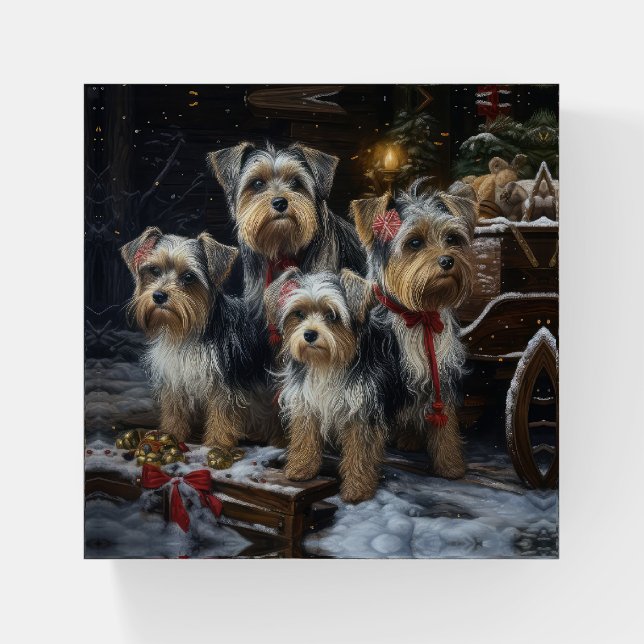Biewer Terrier Snowy Sleigh Christmas Decor Paperweight (Front)
