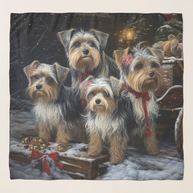 Biewer Terrier Snowy Sleigh Christmas Decor Scarf (Front)