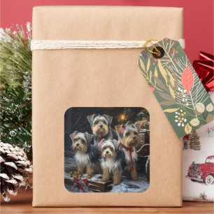 Biewer Terrier Snowy Sleigh Christmas Decor Square Sticker
