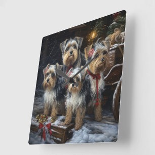 Biewer Terrier Snowy Sleigh Christmas Decor Square Wall Clock
