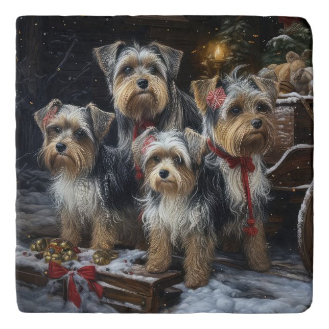 Biewer Terrier Snowy Sleigh Christmas Decor Trivet (Front)